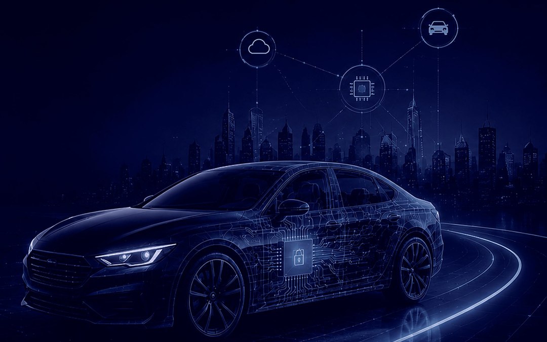 Connected vehicle rendered as a wireframe, linked to cloud, chip and vehicle nodes above a city skyline
